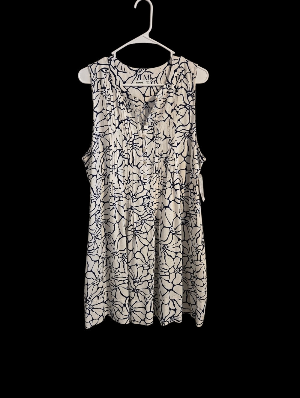 Sonoma White Blue Linen Blend Floral Pintuck Sleeve Summer Dress, Size PXXL